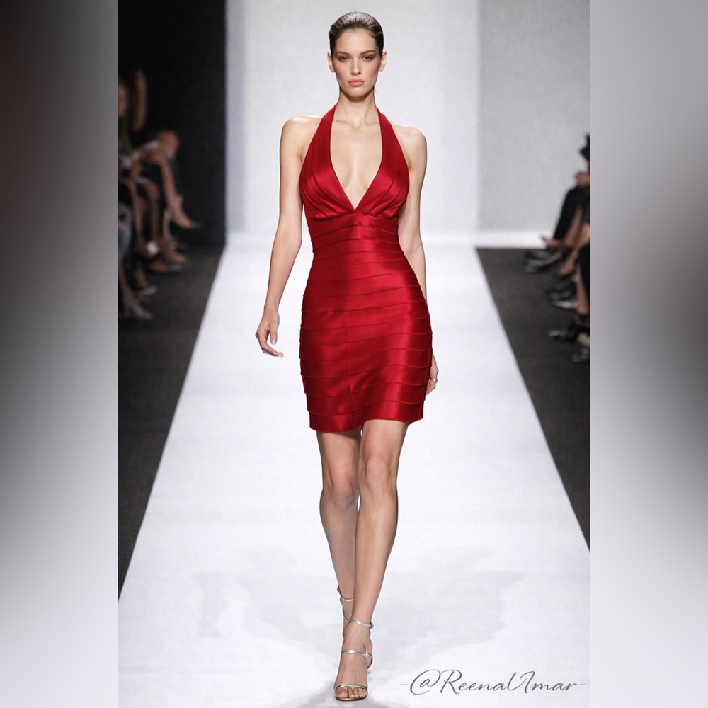 BCBGMaxAzria Red Halter Mini Dress – Sculpted Satin Finish